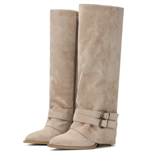 EROCALLI Women's Slouch Western Knee High Boots, Faux Suede Fold Over Basic Shoes for Women with Chunky Heel Style, Double Straps, Buckle, Zipper, Rubber Sole, All Season Festival & Casual Footwear