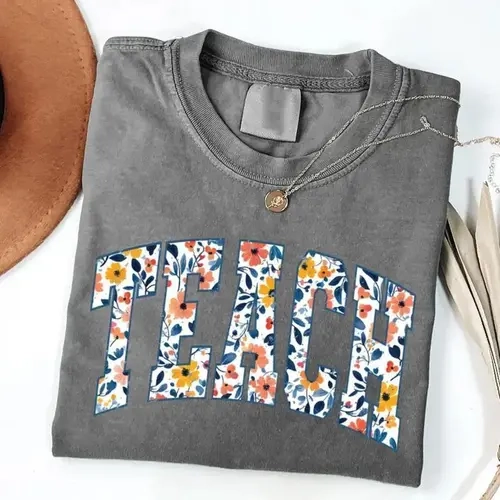 Women's Casual Round Neck Floral Print School-Themed T-Shirt - Back to School Wear, Teacher Appreciation Gift