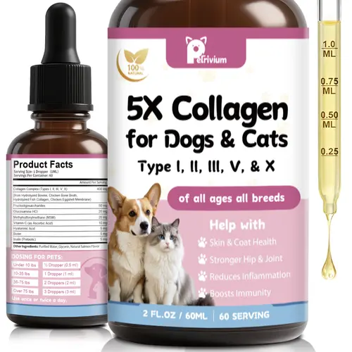 Petrivium Liquid Collagen Canine Nutritional Supplement for Dogs (2 Oz Bottle) - 5 Grass-Fed Collagen Types (I,II,III,V,X) with MSM, Biotin, Hyaluronic Acid, Zinc - Biotin Coat Boost, Glossy Coat Support, Itch Relief Help
