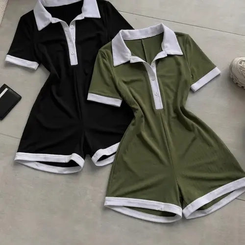 Women's 2-Piece Colorblock Lapel Design Waist Cinching Jumpsuit Set, Comfortable Casual Daily Commute, Sporty Outdoors Wear, Athletic Jumpsuits, Fashionable Jumpsuit, Street Fashion Jumpsuit