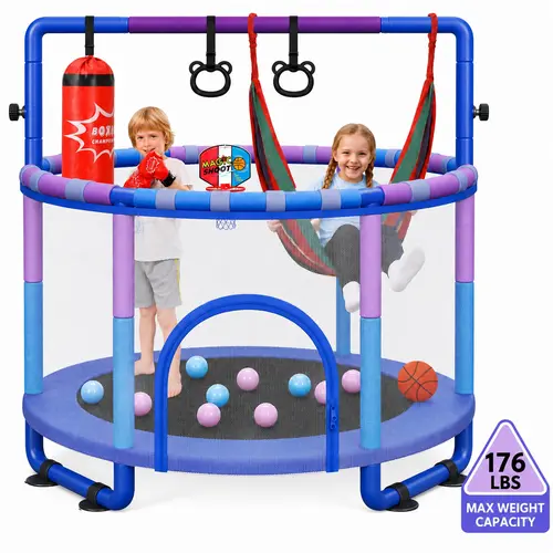 Dripex 55" Unisex Kids Trampoline with Enclosure - 6-in-1 Indoor-Outdoor Toddler Trampoline, Anti-Rust Tube, Adjustable Gymnastics Bars, Rings, Dartboard, Punching Bag for Siblings
