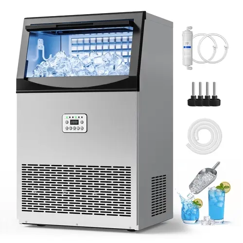 MANASTIN Commercial Ice Making Machine - 110lbs/24H Production, 33lbs Storage, 50 Cubes/15Mins, 0-24h Timer, Self-Cleaning, Water Filter, Drain Pipe, Blue Light, Adjustable Ice Thickness, Auto-Stop, Under Counter Freestanding for Home/Restaurants/Cafes
