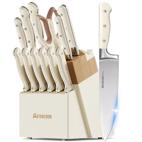 Astercook 14-Pc Durable Kitchen Knife Block Complete Set - High Carbon German Stainless Steel Utensils, Full Tang Ergonomic Handle, 6 Steak Knives, Sharpening Rod, Dishwasher Safe for Home Kitchenware Modern Stylish Cutting Cooking