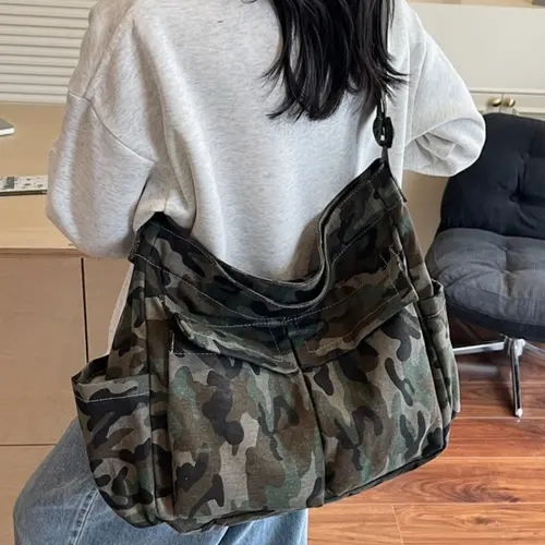 Vintage Camouflage Durable Canvas Crossbody Travel Bag, Large Capacity Casual Shoulder Bag for College Students, Unisex Design Versatile Daily Use Backpack, Canvas Bags