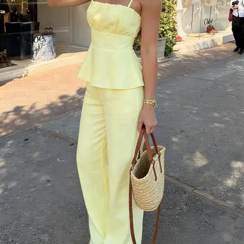 Solid Color Casual Simple Ruffled Cami Top & Wide-Leg Pants Two-Piece Set, High-Waisted Sleeveless Fitted H-Line Lightweight Lady Clothes Womenswear