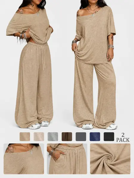 Women's Casual Solid Color Sport Two-Piece Set, Loose Long Pants & Wide Leg Slant Neck Pant Suit, Spring & Fall Fashion, Athleisure Outfit, Casual Activewear Set