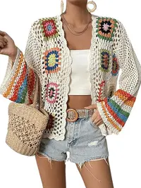 Women's Floral Crochet Cardigan Boho Hollow Out Sweater Lightweight Breathable Layering Beach Vacation Spring Outfit Gift Ladies Tops Vintage Knitwear