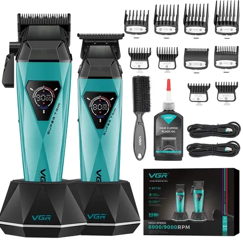 VGR877S2 2-in-1 Professional Men's Hair Clippers & Trimmer Combo Set, Wireless Haircut Tool with 9000/8000 RPM DLC-Ceramic Blade, Rechargeable Cordless, LED Display, Charging Base, Storage, Cleansing Brush, Long-Lasting Batteries, Barber Styling Equipment