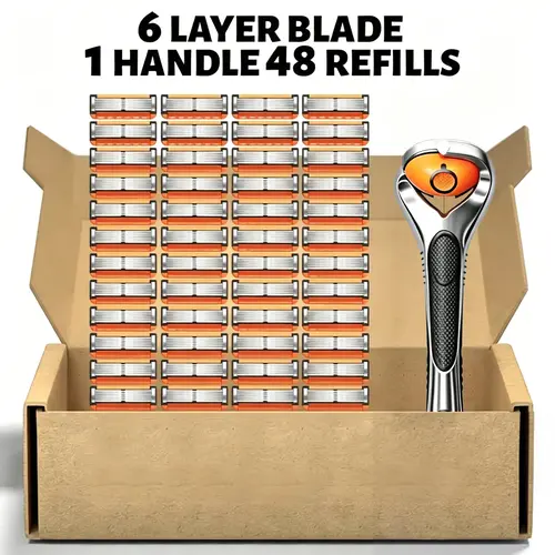 Men's Manual Shaving Kit with Stick Handle (48 Razor Blades + 1 Handle) - Stainless Steel Smoothshave Replaceable Disposable Refills, Face & Body Grooming Accessory, Mens Gifts