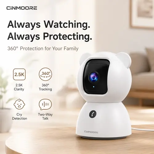 CINMOORE Indoor AI Adjustable 360° Rotatable Head Home Security Camera, 2.5K 4MP WiFi Model for Children, Pan-Tilt, Cry/Human Detection, Motion Tracking, 2-Way Audio, Night Vision, Local/Cloud Recording, Home Security System, Sd, Monitor