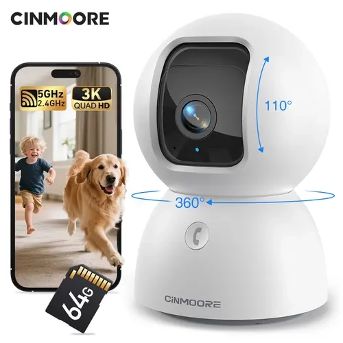 CINMOORE 5MP 2560x1440 360 Panoramic Security Camera System, 64GB Micro SD Card, Wi-Fi Dual 2.4GHz-5GHz, 360° Horizontal Rotation, AI Smart Detect, 2-Way Audio, Night Vision, AC Power, Indoor Mount, Remote Home Monitoring