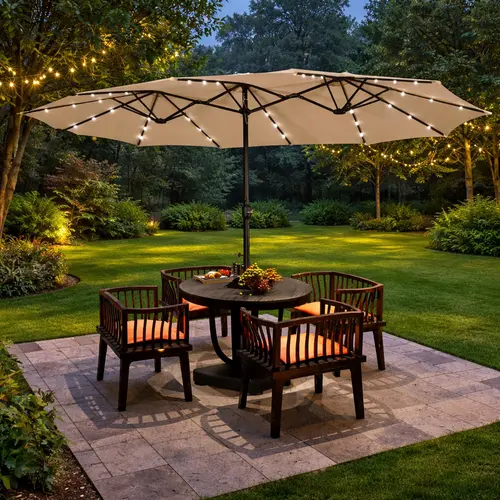 【15/13FT Solar Lights】Costoffs Large Patio Umbrella with 36 Solar LED Lights&Base Umbrella, Hand Crank Opening, Heavy-Duty Iron Frame with Base & Sandbags for Yard/Garden/Park,outdoorfurnitureset