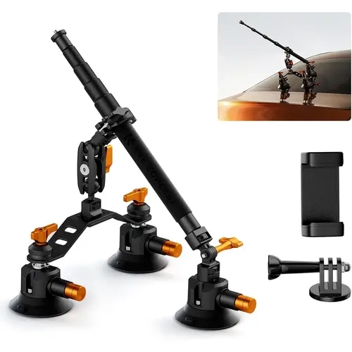 K&F CONCEPT 3-in-1 Adjustable Extendable Car Mount Kit ,Suitable for automotive content creators to use,Suction Cup Holder (15° Curved Surface Adjustment), Camera Accessories, Action Camera Adapter, Phone & Selfie Device for Insta360 Action 5/4/3/2