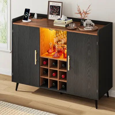 IRONCK 47.2"W×17.7"D×36.2"H Walnut Veneer Bar Cabinet with 9-Grid Wine Rack, Adjustable Shelves, LED Lighting, Glass Holder Organizer, Clean Lines - Indoor Liquor Storage for Kitchen, Living Room