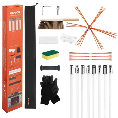 VEVOR Durable Aluminium Chimney Cleaning Kit, 26 ft (8m) Max Extendable Brush, Easy Assembly Tool with Plastic Bristle Replacements, Goggles Protect, 90° Bendable Head, Safe Swivel Link, Spring Lock Hold, Safe for Square-Rectangle Fireplaces