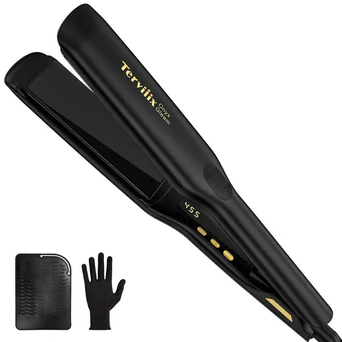 Terviiix 1.75in Extra-Long Wide Ionic Ceramic Flat Iron - Keratin Straightening Kit for Adults' 4C Thick Curly Hair, 4.7in Extended, 11 Adjustable Temp (Max 455℉), Dual Voltage, Argan Oil & Keratin Infused, Single Item, Softening, Frizz Control
