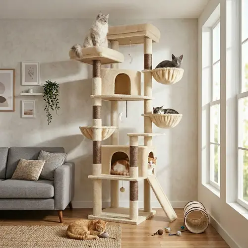 DESKAT 76" Cat Tree for Large Cats - F76 Model, 2 Condos, 3 Hammocks, Natural Sisal Scratcher Posts
