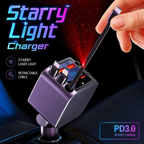 Nuokaiqi [2026 Upgraded] 120W High-Speed Car Charger - 7-in-1 Auto Accessory with 12-24V Compatibility, 3 Retractable Cables, Digital Voltage Display, Atmosphere Lamp, Star Projector for iPhone Chargers, Android, iPad (On-the-Go Cable Mess Solution)