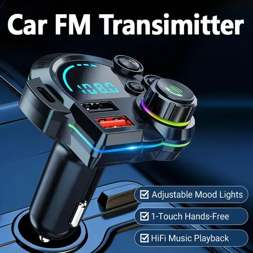 Nuokaiqi Bluetooth 5.3 Car Radio Adapter - Dual USB Fast Charger Ports, PD 30W Type-C, Adjustable RGB Mood Lights, 1-Touch Hands-Free Kit, Deep Bass Hi-Fi Lossless Playback, LED Display, Universal Fit, All Smartphones Compatible, Men’s Gift