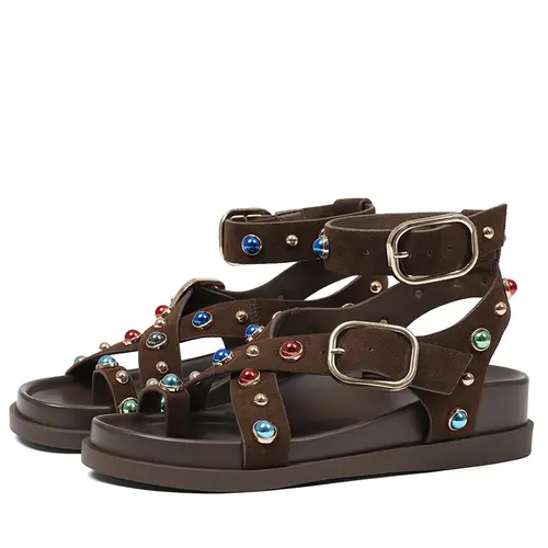 AOSPHIRAYLIAN Women's Elegant Chic Jazzy Embellished Gladiator Sandals - Black Suede, Crystal Linear, Beaded-Studed Adjustable Buckle Ankle Straps, PU Leather, Below Ankle, Buckle & Strap Accents, Backstrap Platform, Beaded Statement Casual Walking Shoes