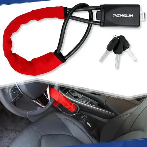 17-Inch Automotive Wheel Attachment Steering Lock & Security Unit, Wheel+Seat Belt Anti-Theft Guard, Key-Equipped Vehicle Accessory with Dashboard Quick-Locking Control, Fits Most Cars/SUVs
