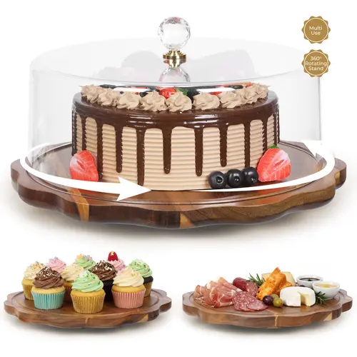 Zumeler 13in 360° Smooth Rotating Wooden Cake Stand - Kiln-Dried Acacia Wood, Lightweight Acrylic Dome Lid, Petal-Edge Kitchen Tool for Elegant Cupcake Stands, Cake Display, Hand Wash Only