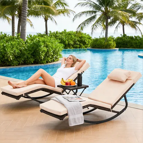 【Summervibes】3pcs/PAck  Adjustable Back Armless  Patio Rocking Pool Reclining Chaise  - Water-Resistant Outdoor Recliners, Includes Side Table, Removable Pillow, Easy Move & Fold, 400lb Capacity, Furniture, Anti-Slip Pads
