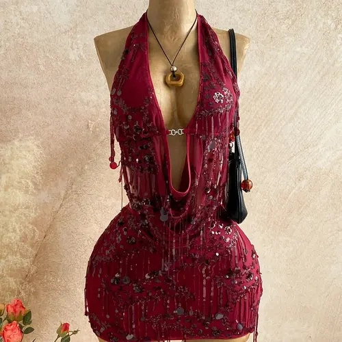 2pcs Fitted Shiny Fringe Sequin Drape Neck Camisole And Mini Skirt Set, Suitable For Music Festivals, Parties