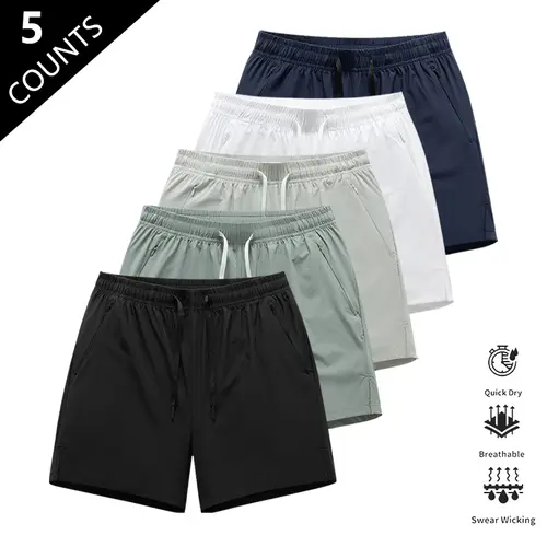 Men's Solid Color Quick-Dry Polyester Blend Fitted Cut Sports Shorts Set (Pack of 5) - 14.5in Length, Wrinkle-Resistant, Lightweight Ice Feel Fabric, Suitable for Running, Soccer