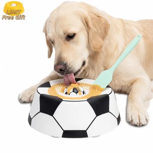 [Limit Free Gift] PawPace Soccer Style Multi purpose dog bowl with Free Peanut Butter Spatula,Dog Liquid Slow Feeder,Lick Bowl Mat with Ball ,8 Extra Large Suction Cups,No Mess Liquid Treat Enrichment Bowl for Dogs