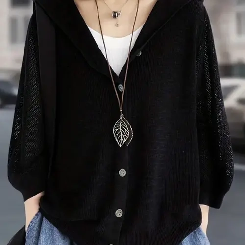 Women's New Pure Color Loose Hooded Cardigan Sweater, Thin Hollow Out Seven-Quarter Sleeve Top, Casual Knit Outerwear, Knitwear, Womenswear, Fit