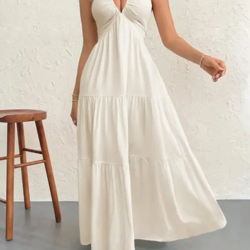 Women's Beach Vacation Date V-Neck Bow Backless Sleeveless Chic Sexy Tiered Dress, Casual Wear, Long Loose-Fitting Solid Color, Perfect for Summer, Beach Style Dress, Beach Sundresses