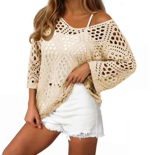 Shewin Women's Oversize Soft Acrylic Knit Top - Casual Fashionable Top, High Elastic Loose V-Neck 3/4 Sleeve Hollow Out Off-Shoulder Pullover, Clean Lines, Effortless Layering, Gentle Care, Hand Wash Only, Long-Lasting Use, Layerable for Daily Outings