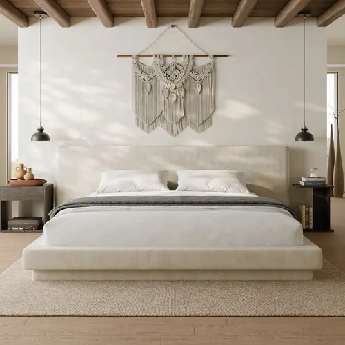 RECCI AirFrame Upholstered Bed Frame – Upholstered Curved Extra Wide Cushioned Headboard, Low Profile, No Box Spring Needed, Mattress Not Included, Upholstered Curved Headboard