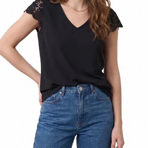 Shewin Women's Minimal Pullover Style V-Neck T-Shirt - 70%+ Stretch Moves With Every Step, Crochet Lace, Breathable Cap-Sleeve, Casual, Sleek Look, V-Neck Vibes, Stretch Viscose Blend Fitted Top For Daily Wear
