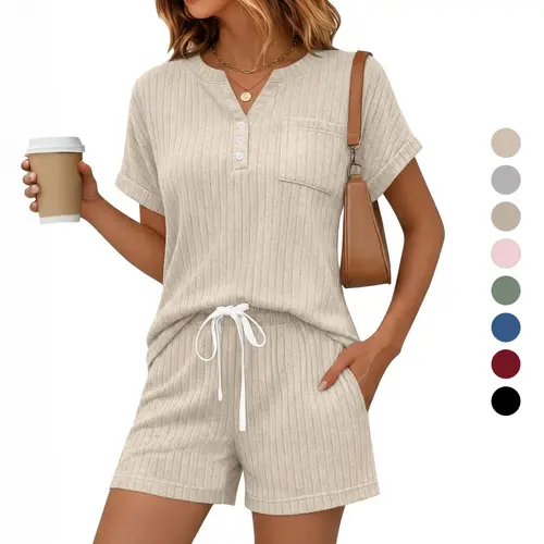 Yousify 2 Piece Short Sets for Women Summer 2026 Lounge Short Sleeve Henley Outfits Sweatsuit with Pocket Womenswear Loungewear,sohochic