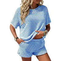 Fisoew Womens Striped 2 Piece Outfits Casual Short Sleeve Shirts Tops Knit Shorts Sets Workout Tracksuits Matching Sets Summer Knit Set Womenswear,summeroutfits,vacationoutfits,bathingsuitwomenset,beachoutfits