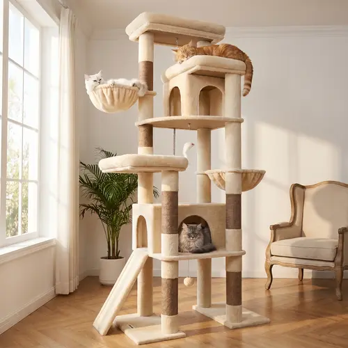 DESKAT 78-Inch Extra Height Freestanding Heavy-Duty Indoor Cat Tree Tower - Sturdy Multi-Level Pet Furniture for Large Cats with Condos, Durable Sisal Scratching Posts, Vertical Scratcher, Claw Support, Hanging Baskets, Climbing Play, Living Room Blend