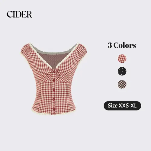 Cider Vintage Gingham Sweetheart Top for Casual Daily, Elegant Jacquard Blouse, Ladies Ruched Shirt, Retro Vacation Outfits, Lady Crop Tops