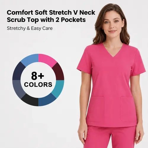 QBK Yoga Scrub Top for Women V Neck Shirt with 2 Pockets, Comfort Soft Stretch, Easy Care Nurse Uniform Basic Workwear Minimalist  Clothes Womenswear