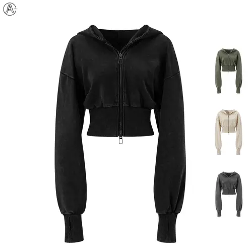 Arssm Women’s Cropped Zip-Up Hoodie – Washed Long Sleeve Hooded Sweatshirt Crop Top for Workout, Casual Streetwear & Fall Outfits
