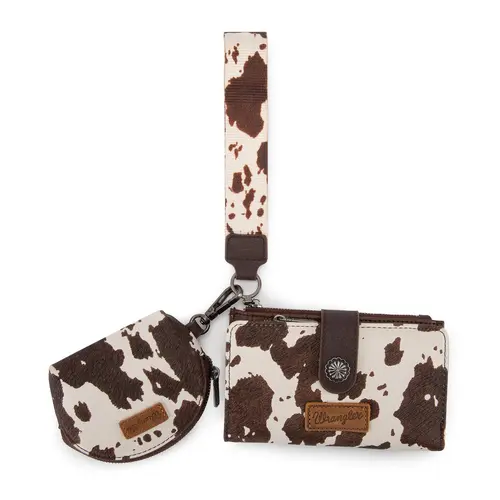Wrangler Western Cowprint Keychain with Matching Wristlet Wallet for Women Key Ring Accessory