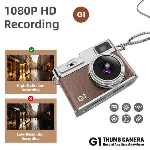 Retro Unisex Wearable Action Video Camcorder Clip-On Vlogging Equipment, 1080P HD Recorder, 17g Compact Portable, Long Necklace, IPS LCD Screen, LED Light Low-Light Aid, USB Rechargeable, Retro Film Vibes (No Memory Card)