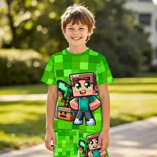Boys' Casual Two-Piece Set, Short Sleeve Shorts & Top, All-Over Cartoon Pattern Design, Summer Clothing Set, Perfect for Daily Wear, Fitted Set, Graphic Print Set, Matching Set, Children, Clothes Kids