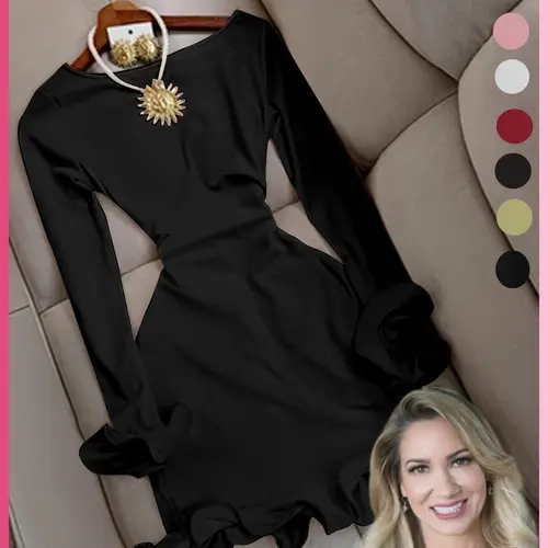 Antonia's Elegant Women's Tight-Fitting Dress, Pleated Hem Sleeve Cuffs, Backless Bow Tie Design, Single Piece Fashion Dress