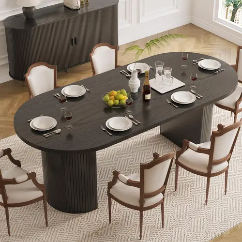 【FallDealsForYou】ONBRILL 70.8 Inch Dining Table for 4-6, Oval Dining Room Table with Curved Fluted Wood Strip Base, Mid-Century Modern Kitchen Tables with Footpads, Dinner Tables for Living Room, Dining Room
