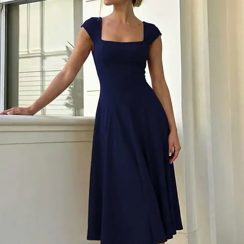 Women's Solid Color Square Neck Tie-back Bodycon Pleated Dress, Butterfly Short Sleeves Ruched Backless Lace-up A-line Midi Dress, Formal Wear, Holiday Party Club Date, Summer Holiday Daily Casual Dresses, Elegant Fit Dress