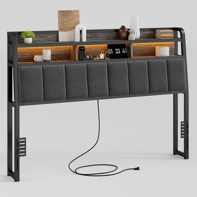 【DealsforYou】ONBRILL Ergonomic Upholstered Headboard (Queen/King Size, Headboard Only) - 2-Tier Storage, LED Lights, USB Ports, Height Adjustable, Modern Design, Sturdy Base, Indoor Furniture
