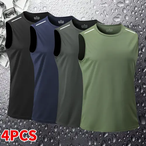Men's 4-Pack Dry-Fit Fitted Quick-Dry Polyester Athletic Tank Tops - Sleeveless Crewneck Synthetic Sports Vests for Gym, Running