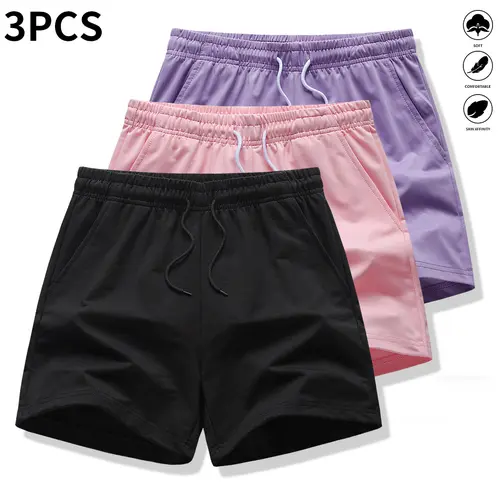 Women's 3-Pack 100% Polyester Solid Color Active Shorts - Women's Clothes, Outdoor Ready, Running, Gym Fitness, Casual Wear